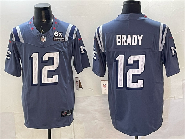 Men's New England Patriots #12 Tom Brady Storm Blue 2025 F.U.S.E. With 6x Super Bowl Champions Patch “Rivalries” Vapor Limited Stitched Football Jersey